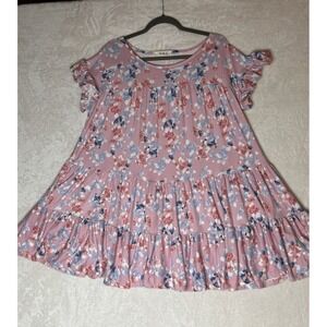 Lovely J Womens Small Pink Floral Round‎ Neck Short Sleeve Tiered Dress- NEW